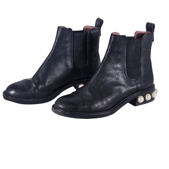 Louise Et Cie Women Pearl Heel Black Boot 6.5 Dk Academia Pearlcore Quiet Luxury - Picture 1 of 16